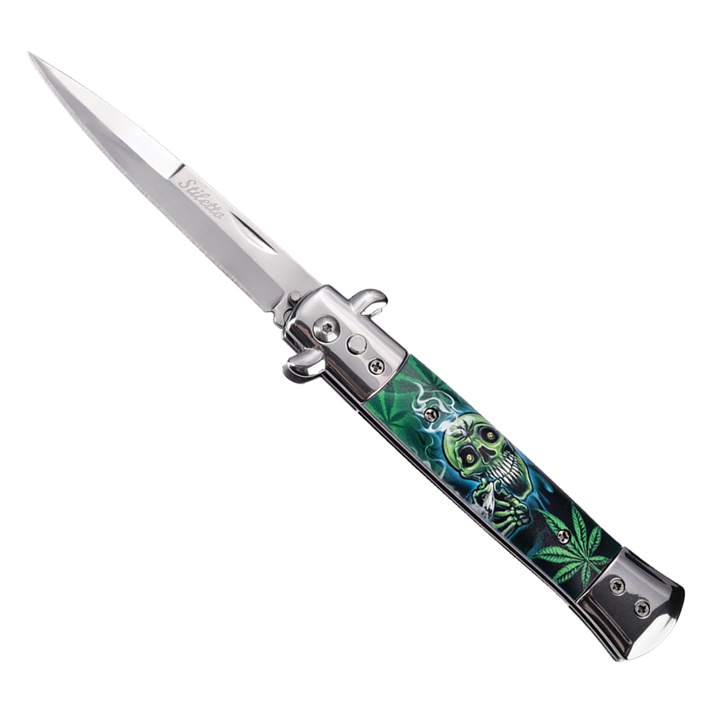 Smoking Skull Bolster-Release Stiletto Automatic Knife - Black Marble
