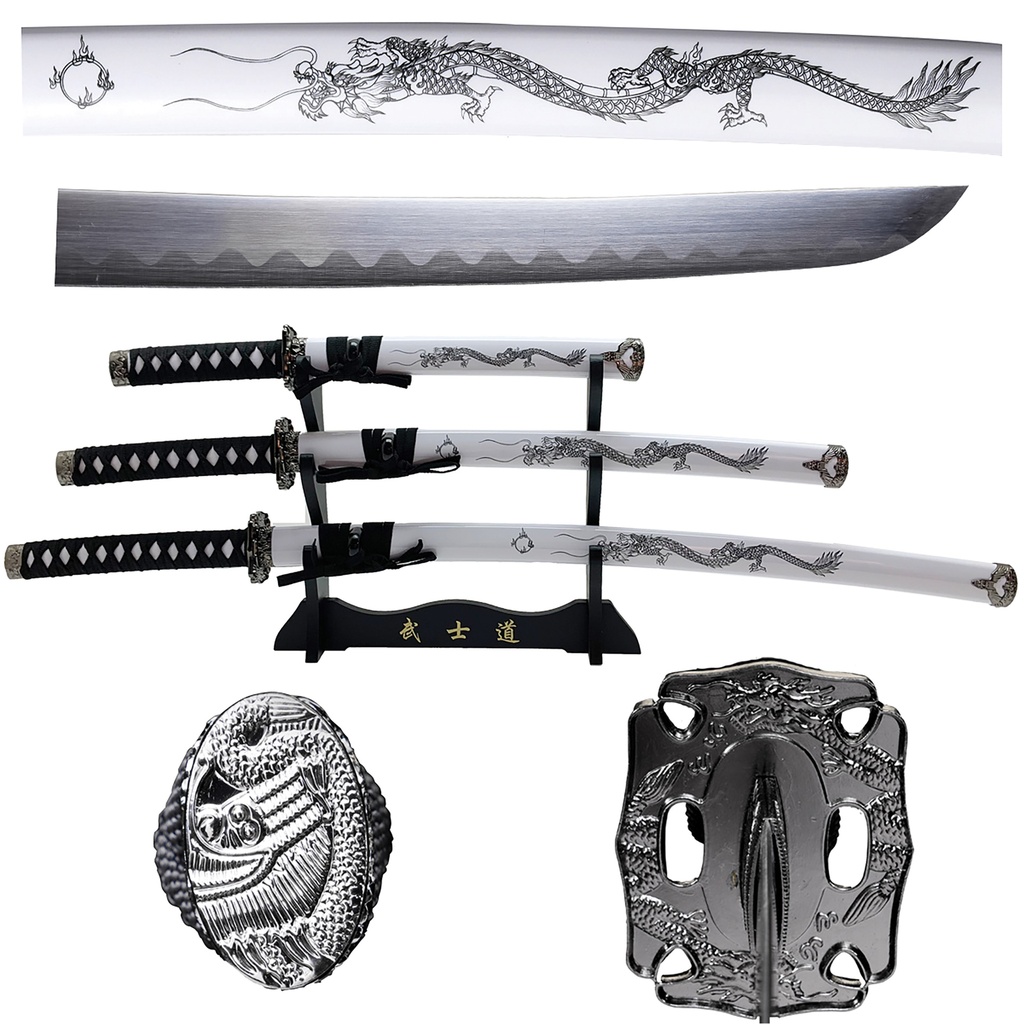 White Dragon Triad Samurai Sword Set - Plastic Scabbard