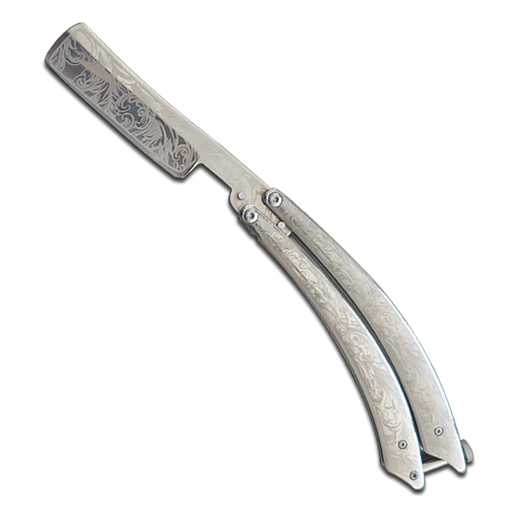 Silver Scroll Razor Butterfly Knife - Polished Steel