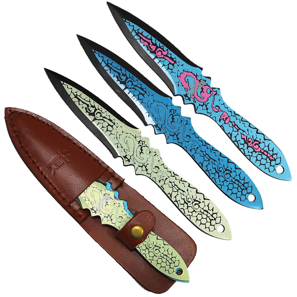 Elemental Dragon Arc Throwing Knife Set - Teal Blue Yellow