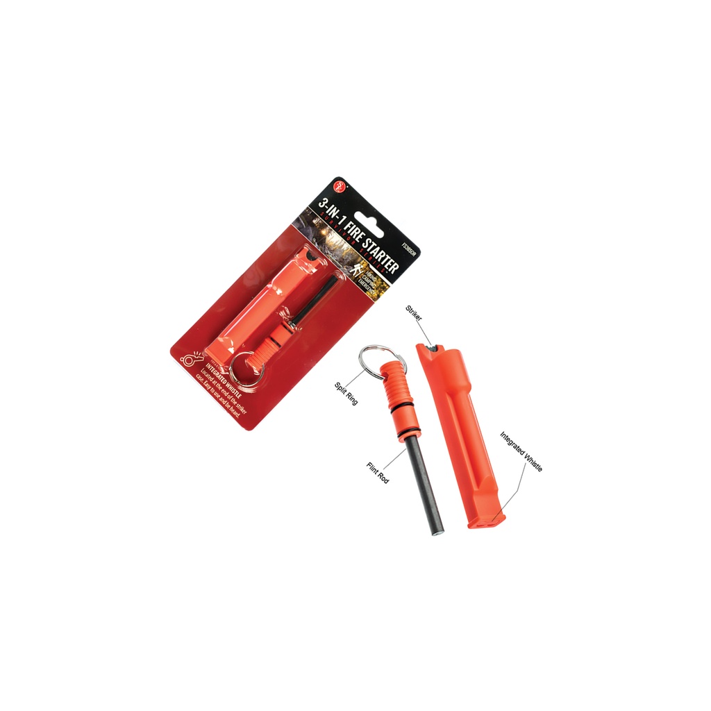 3-in-1 Flint Fire Starter, Integrated Whistle & Spilt Ring