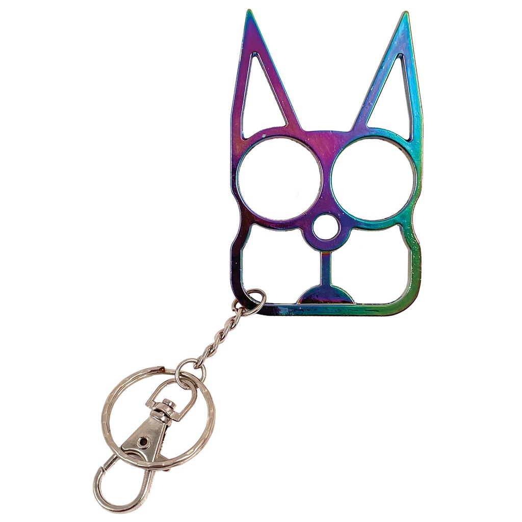 Neon Alley Prowler Cat Defense Keychain - Rainbow Steel